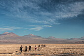 Hikers out on the Atacama Salt Flats, with snow-capped volcanic peaks in the background, near San Pedro de Atacama, Chile, South America