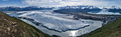 Panoramic view of glacier and mountains on sunny day, Knik Glacier. Palmer, Alaska, USA