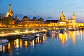 panorama view, skyline, twilight, dawn, view over the river Elbe to Brühl's Terrace, Canaletto-view, chathedral, Catholic Court Church, Royal Palace,  steamboat, steamer, Dresden, Saxony, Germany, Europe