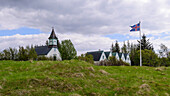 Kapelle und Wohnhäuser in Pingvellir, östlich von Reykjavic, Island