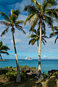 Palm trees frame an idyllic scene of two Zodiac rafts of expedition cruise ship MS Bremen (Hapag-Lloyd Cruises) at anchor in turquoise waters, Tadine Mare, New Caledonia, South Pacific