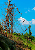 Fotomontage zeigt die Stadien eines Mannes Sprung von einem hohen hölzernen Turm mit nur Lianen an seinen Knöcheln befestigt, Pentecost Island, Torba, Vanuatu, Südpazifik