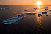Eine goldene Sonne steigt über Eisbrocken auf, vor Prince of Wales Island, Nunavut, Kanada, Nordamerika