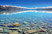 Lake Pukaki mit Mount Cook im Mount Cook Nationalpark im Hintergrund, UNESCO Welterbe Te Wahipounamu, Lake Pukaki, Canterbury, Südinsel, Neuseeland
