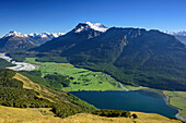 View to Dart River Valley, Glenorchy, Paradise, Lake Diamond and Southern Alps, from Mount Alfred, Fiordland National Park, UNESCO Welterbe Te Wahipounamu, Queenstown-Lake District, Otago, South island, New Zealand