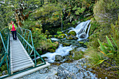 Woman hiking on bridge over river, Routeburn Track, Great Walks, Fiordland National Park, UNESCO Welterbe Te Wahipounamu, Queenstown-Lake District, Otago, South island, New Zealand