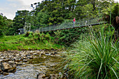 Woman hiking on suspension bridge over stream, Hump Ridge, Hump Ridge Track, Fiordlands National Park, UNESCO world heritage Te Wahipounamu, Southland, South island, New Zealand