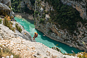 rock climber, Verdon Gorge, Gorges du Verdon, also Grand Canyon du Verdon, Department of Alpes-de-Haute-Provence, Provence-Alpes-Côte d' Azur, France