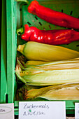 corn on the cob, peppers being sold in the farm shop, farmer, organic, agriculture, farming, Bavaria, Germany, Europe
