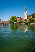 Village with church seen from lake Constance, Corpus Christi, Feast of Corpus Christi, Sipplingen, Lake Constance, Baden-Wuerttemberg, Germany, Europe