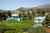 Garden with swimming pools, hotel, Agia Galini, Crete, Greece, Europe