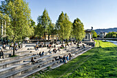 Sigi Feigel Terasse, people relaxing,  river Sihl, Gessnerallee, Zurich, Switzerland