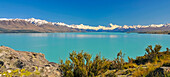 view of the lake Pukaki with Mount Cook in the background, Mackenzie District, Centerbury, South Island, New Zealand
