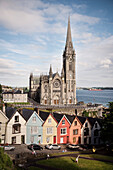 Cobh Cathedral, Deck of Cards houses (colourful and steep houses at West View Street), Cobh, County Cork, Ireland, Europe