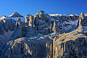 Sellastock mit Rifugio Pisciadu, vom Ciampac, Dolomiten, UNESCO Welterbe Dolomiten, Venetien, Italien