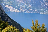 View from Bocca di Navene at Monte Baldo to the northbank of lake Garda, Venetian, Italy