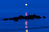 The Moon in Trengandin beach, Noja, Marismas de Santoña, Noja y Joyel Natural Park, Cantabrian Sea, Cantabria, Spain, Europe.