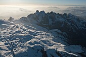 Aerial view of the great plateau of Paneveggio natural park, Pale di San Martino groups, Dolomites. Trento province, Trentino Alto Adige region. Italy, Europe.