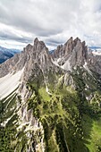 Aerial shot of Cadini of Misurina at summer. Cortina d'Ampezzo. Dolomites. Veneto. Italy. Europe.