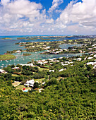 BERMUDA, Southampton Parish, elevated view of cityscape with sea from the top of the Gibbs Hill LIghthouse