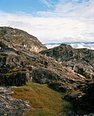 GREENLAND, Kangerlussuaq, Russel's Glacier in the background, rock formations on landscape