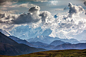 USA, Alaska, Denali, Denali National Park, the scenery surrounding the road during the wildlife viewing drive tour through the park, Mt Denali, Mt McKinley