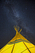 USA, Nevada, Wells, a view of the tipis and star covered sky at Mustang Monument, A sustainable luxury eco friendly resort and preserve for wild horses, Saving America's Mustangs Foundation