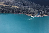 Aerial view of Cheakamus Lake and surrounding forest, Whistler, British Columbia, Canada