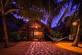 Woman using computer in hammock by beach bungalow, Southern Province, Sri Lanka