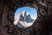Sesto/Sexten, Dolomites, South Tyrol, province of Bolzano, Italy. The Tre Cime di Lavaredo/Drei Zinnen through a rock window from the First World War