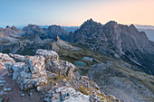 Sunrise from the top of mount Paterno / Paternkofel towards Tre Scarperi group and Laghi dei Piani / Bodenseen, Sexten Dolomites, South Tyrol, Bolzano, Italy