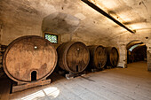 Wood barrels of wine cellar of the monastery of Astino, Longuelo, province of Bergamo, Lombardy, Italy, Europe