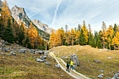 Tourists during a trekking in the Brenta Dolomites Europe, Italy, Trentino Alto Adige, Trento district, Ville d'Anaunia, Non valley
