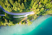 Aerial view of the waterfront street surrounding Lake Bled, Bled, Upper Carniolan region, Slovenia