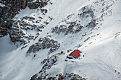 Rifugio Franchetti photographed in winter by the summit of Gran Sasso, Campo Imperatore, Teramo province, Abruzzo, Italy, Europe