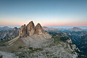 Sesto / Sexten, province of Bolzano, Dolomites, South Tyrol, Italy, The Three Peaks of Lavaredo in the twilight