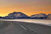 Panoramic view of the peaks overlooking the fjord, Nordmannvik, Kafjord, Lyngen Alps, Troms, Norway, Lapland, Europe