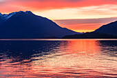 Sunrise on the Como lake of Domaso village. Lombardy, Italy, province of Como