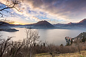 Italy, Lombardy, the sunset of Como lake, at bottom right Varenna village