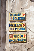Signage of historic sites, Marciana, Elba Island, Livorno Province, Tuscany, Italy