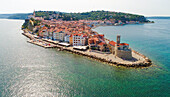 Piran, Slovenian Istria, Slovenia. Aerial view of the city surrounded by the Mediterranean sea.