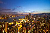 Hong Kong skyline just before sunrise looking from Hong Kong Island across Victoria Harbour to Kowloon, Hong Kong, China, Asia