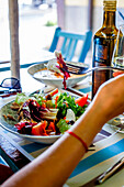 Lunch at the Micky Restaurant, Via Fegina, Monterosso al Mare, province of La Spezia, Cinque Terre, Liguria, Italy, Europe