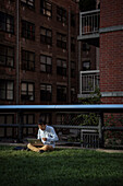 Asiate sitzt im High Line Park mit seinem Mac im letzten Sonnenstrahl, Manhattan, New York City, Vereinigte Staaten von Amerika, USA, Nordamerika