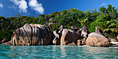 Granite boulders on the shore at Anse Lazio, Baie Sainte Anne district, Island of Praslin, Seychelles, Indian Ocean, Africa