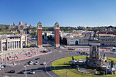 View over Placa d'Espanya (Placa de Espana) to Palau Nacional (Museu Nacional d'Art de Catalunya), Barcelona, Catalonia, Spain, Europe