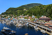 Small boats, town and forest, beautiful sunny summer day, Ketchikan waterfront, elevated view, Southern Panhandle, Alaska, United States of America, North America