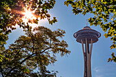 Top of Space Needle from Seattle's International Fountain Park, Seattle, Washington State, United States of America, North America