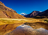 Aconcagua Mountain reflecting in the Espejo Lagoon, Aconcagua Provincial Park, Central Andes, Mendoza Province, Argentina, South America
