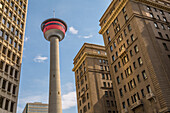 View of the Calgary Tower and nearby office buildings, Downtown Calgary, Alberta, Canada, North America